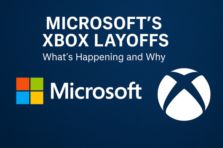 Banner image with headline 'Microsoft’s Xbox Layoffs' and subheading 'What’s Happening and Why', featuring Xbox and Microsoft logos on a blue background.
