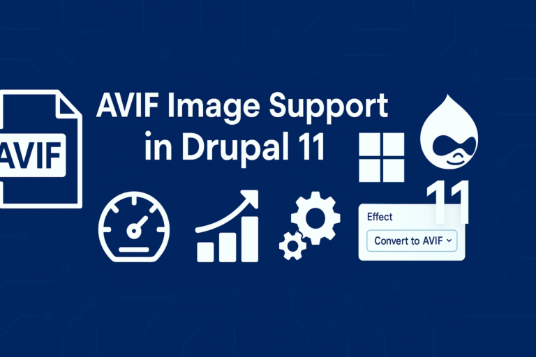 Banner showing support for AVIF image in Drupal 11 with performance icons and media settings UI.