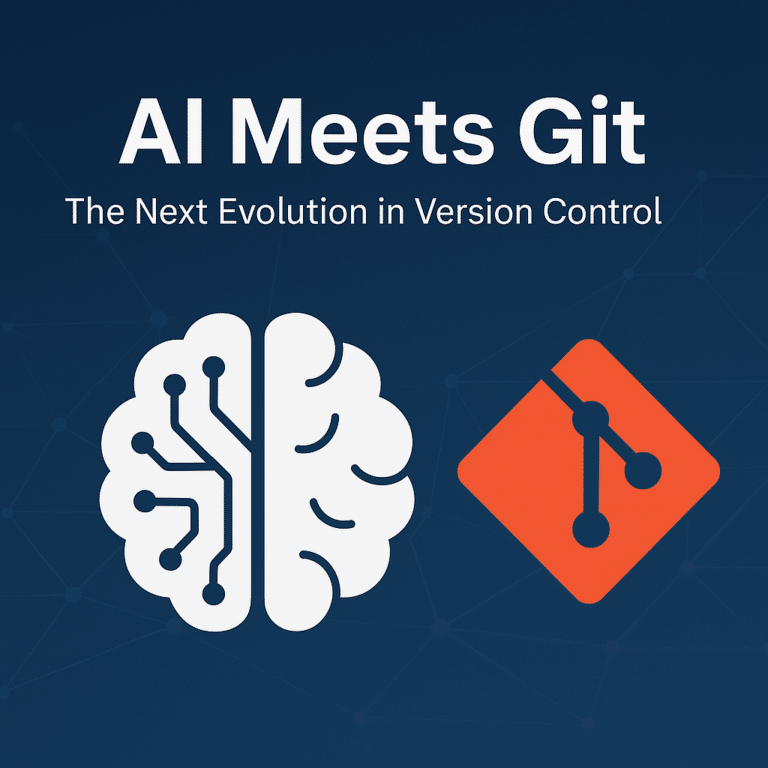 A 2D digital graphic design banner showing a stylized brain made of circuits on the left and the Git logo on the right, set against a dark tech-inspired background. The text reads “AI Meets Git – The Next Evolution in Version Control.