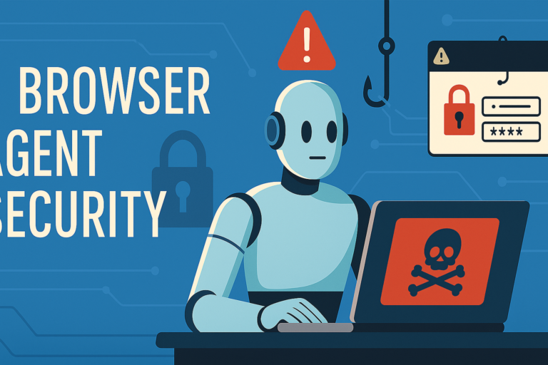 Illustration of an AI browser agent interacting with a laptop showing a security threat symbol, with text 'Browser Agent Security' and phishing warning icons in a blue tech-themed background.
