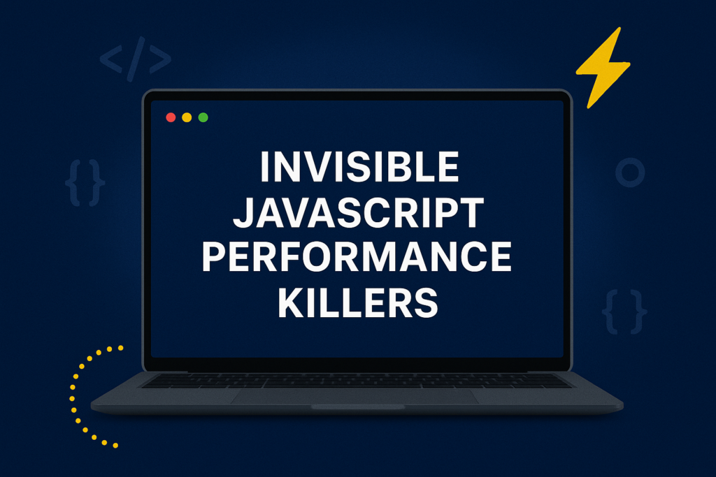 A modern laptop on a dark blue background displays the bold white title “Invisible JavaScript Performance Killers,” surrounded by JavaScript-themed icons like brackets, angle tags, and a yellow lightning bolt—visually highlighting web performance issues.