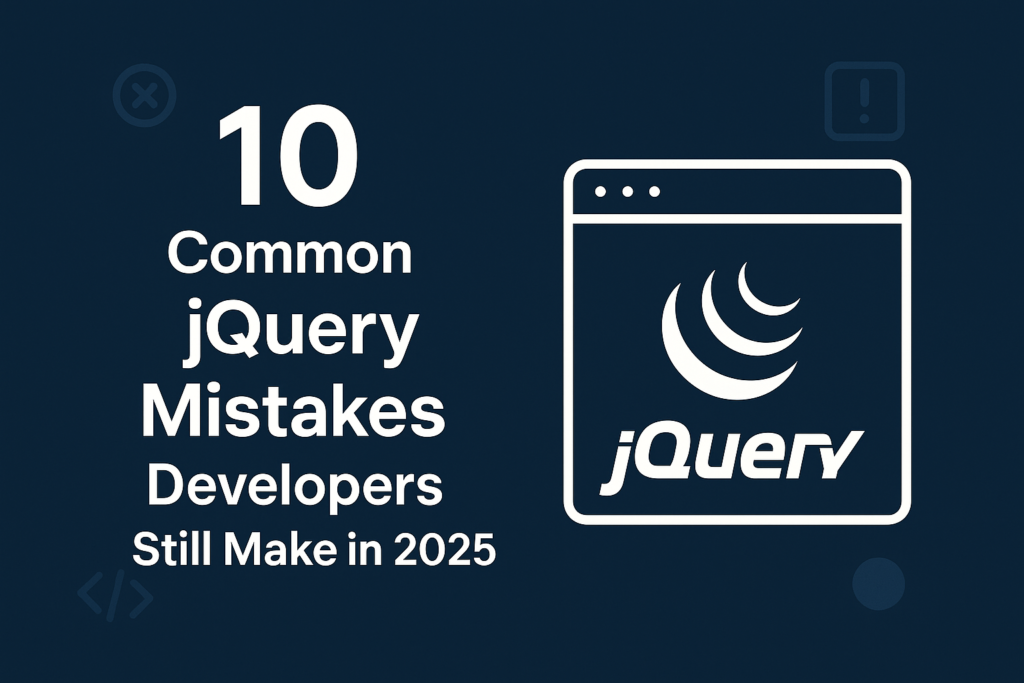 Dark blue banner image with the title '10 Common jQuery Mistakes Developers Still Make in 2025' in bold white text on the left, and a stylized browser window with the jQuery logo on the right, surrounded by minimal developer-themed icons.