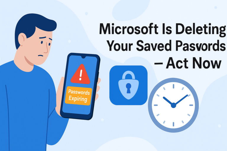 User looking at a mobile phone warning about “Passwords Expiring,” alongside Microsoft Authenticator icon and countdown clock — visualizing the Microsoft Authenticator password deletion update in August 2025.
