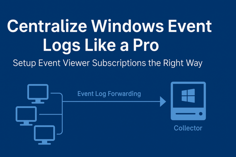 Illustration showing secure centralized Windows log collection via Event Log Subscriptions, with multiple client systems forwarding logs to a central collector over HTTPS using Windows Event Forwarding (WEF).