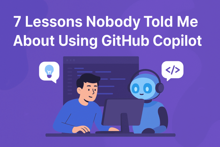 GitHub Copilot in Practice: Lessons Nobody Told Me blog banner showing AI coding assistant helping a developer write code.